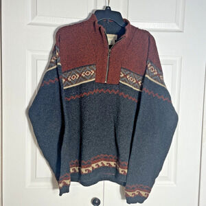 Vintage 90s St Johns Bay Sweater Men Large Gray Red Aztec Half Zip Knit Pullover